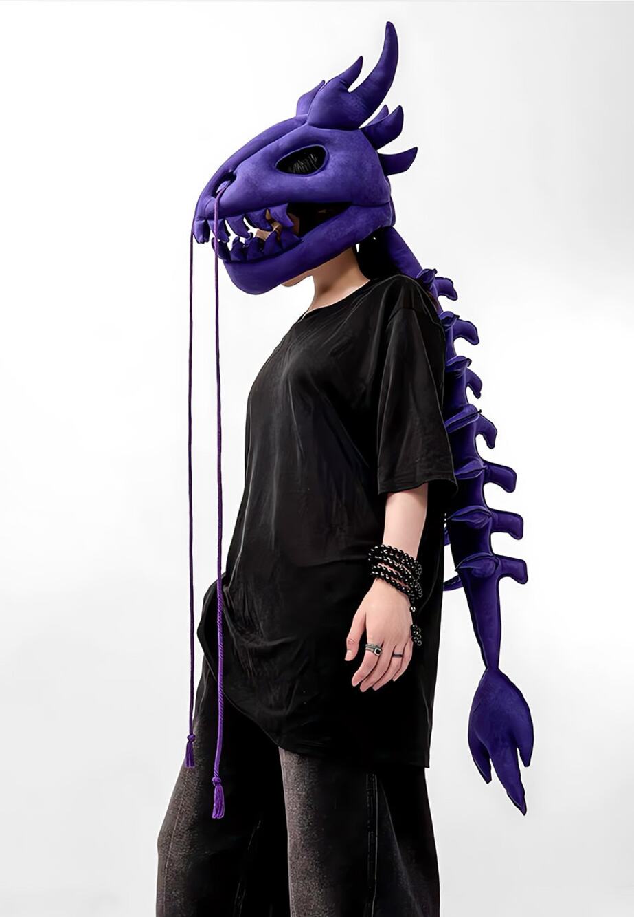 Gothic Dragon Skull Hood -Long Spine Tail 45.67in Purple Cosplay Plush Headpiece